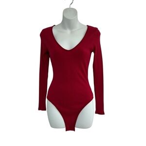 Elegant Deep Red V-Neck Bodysuit Burgundy Top Shirt